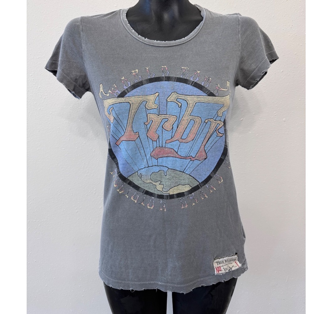 True Religion Women's World Tour Graphic Tee Gray Distressed Cotton Sz SP Grunge